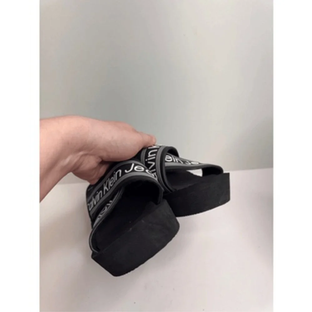 Calvin Klein Sandals Resort Black Logo Crisscross Platform Wedges Size 8.5